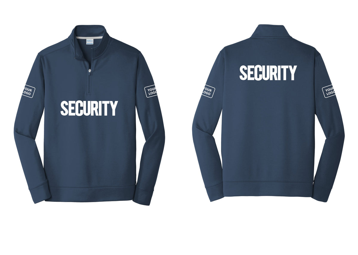 NYC Factory Men's Custom Logo Security Performance Fleece 1/4-Zip Pullover Sweatshirt - Front + Back + Your Logo Sleeves - Navy