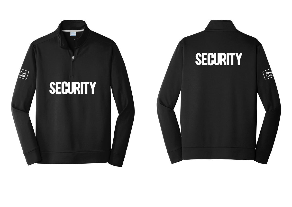NYC Factory Men's Custom Logo Security Performance Fleece 1/4-Zip Pullover Sweatshirt - Front + Back + Your Logo Sleeve - Black