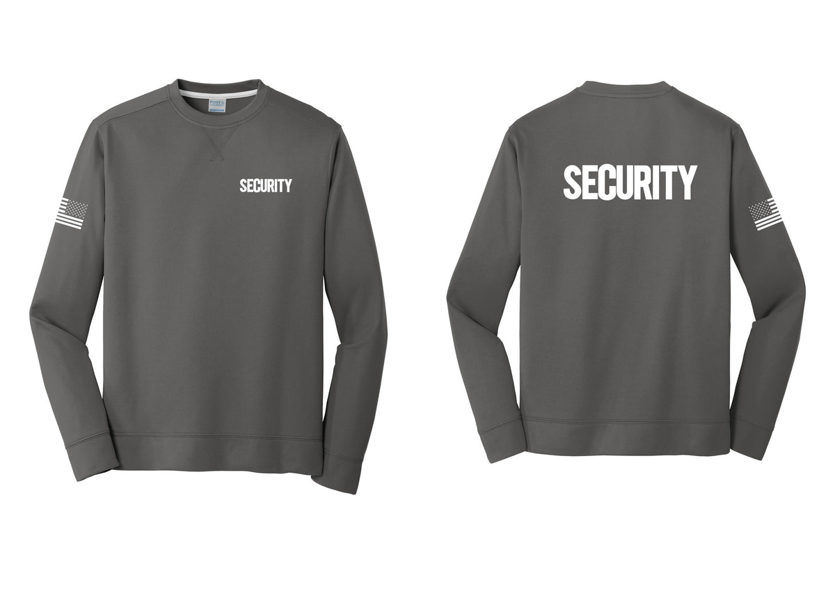 NYC Factory Men's Security Performance Fleece Crewneck Sweatshirt - Chest + Back + US Flag Sleeve - Charcoal