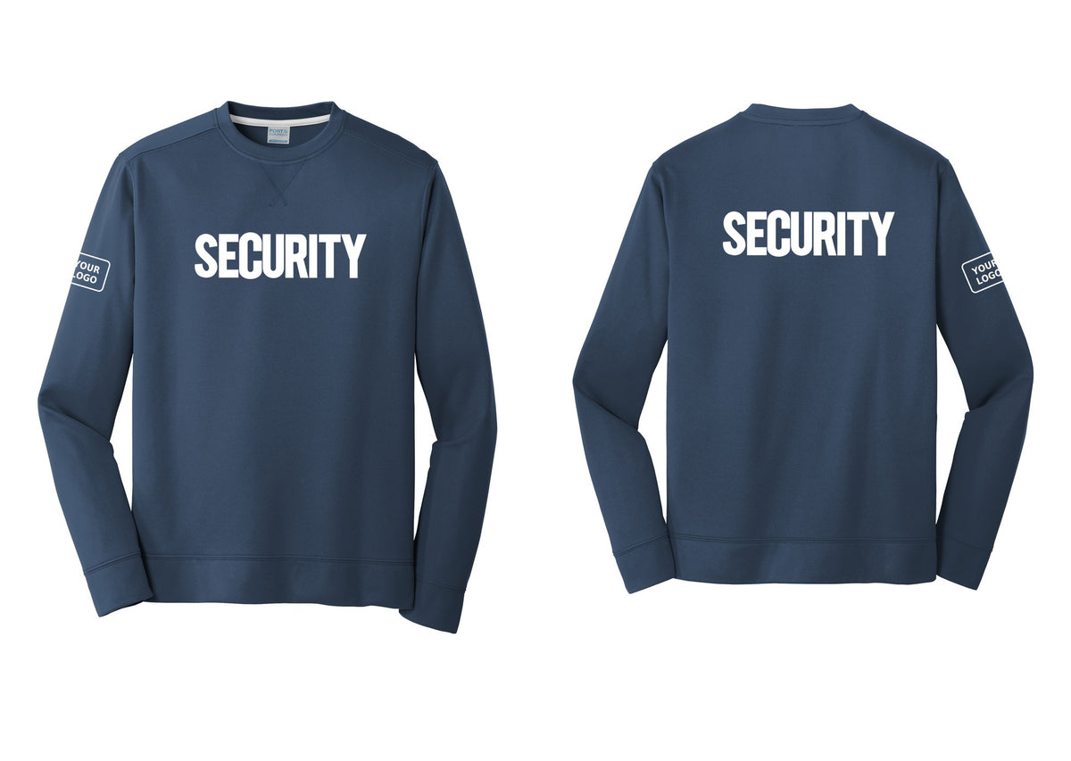 NYC Factory Men's Custom Logo Security Performance Fleece Crewneck Sweatshirt - Front + Back + Your Logo Sleeve - Navy