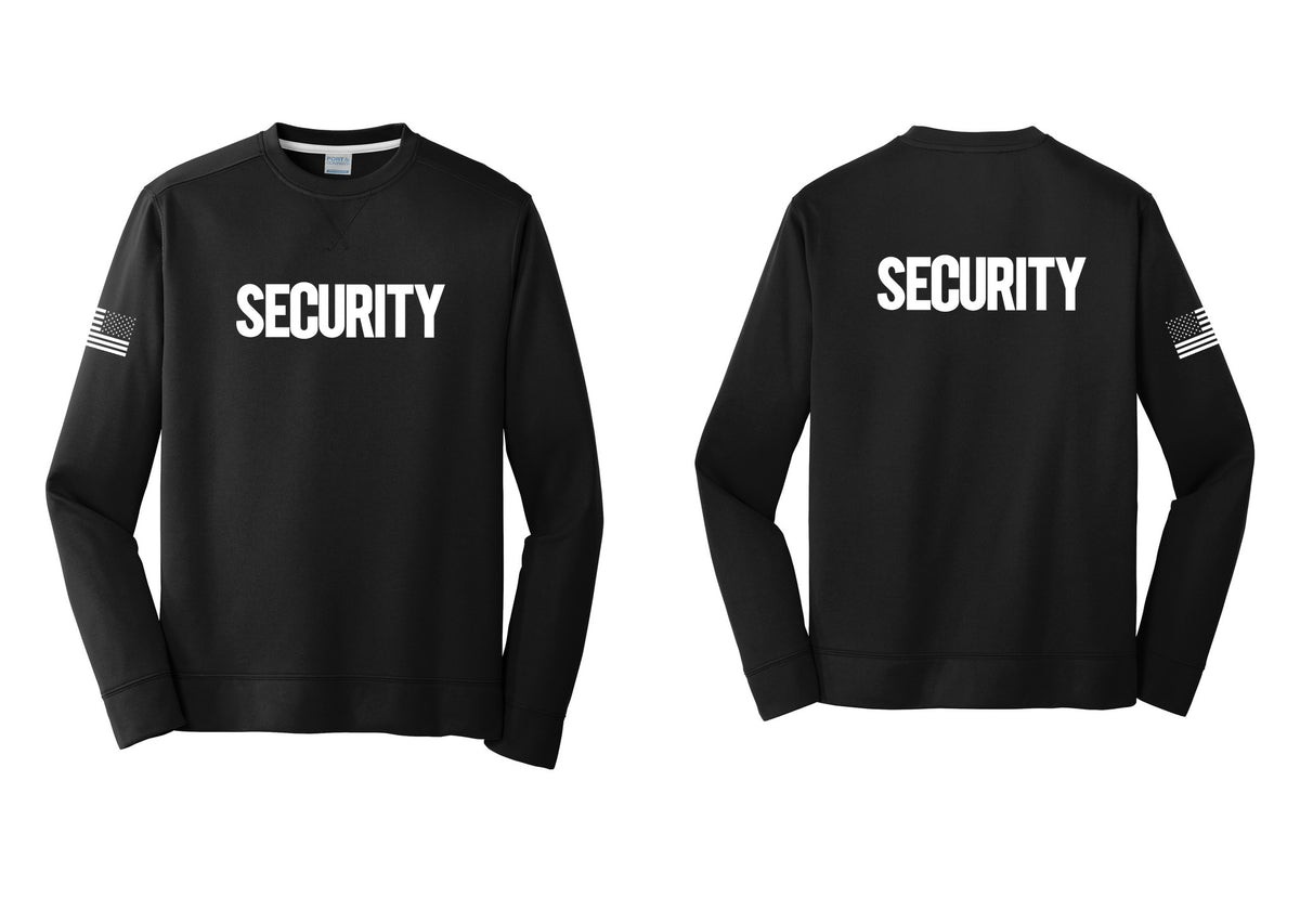 NYC Factory Men's Security Performance Fleece Crewneck Sweatshirt - Front + Back + US Flag Sleeve - Black