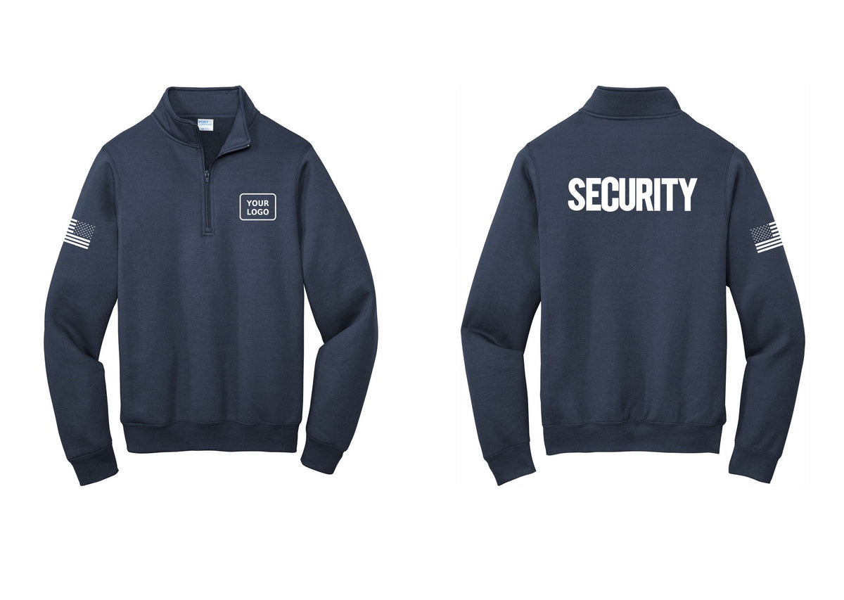 NYC Factory Men's Custom Logo Security Cotton Fleece 1/4-Zip Pullover Sweatshirt - Your Logo + Back + US Flag Sleeve - Navy