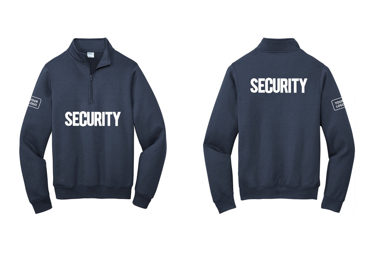 NYC Factory Men's Custom Logo Security Cotton Fleece 1/4-Zip Pullover Sweatshirt - Front + Back + Your Logo Sleeve - Navy