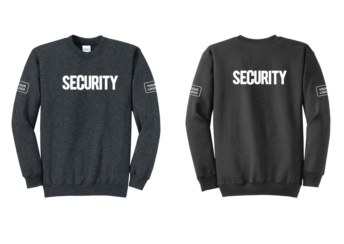 NYC Factory Men's Custom Logo Security Cotton Fleece Crewneck Sweatshirt - Front + Back + Your Logo Sleeves - Dark Heather Grey