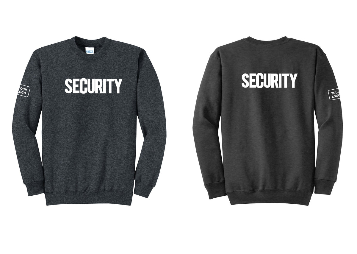 NYC Factory Men's Custom Logo Security Cotton Fleece Crewneck Sweatshirt - Front + Back + Your Logo Sleeve - Dark Heather Grey