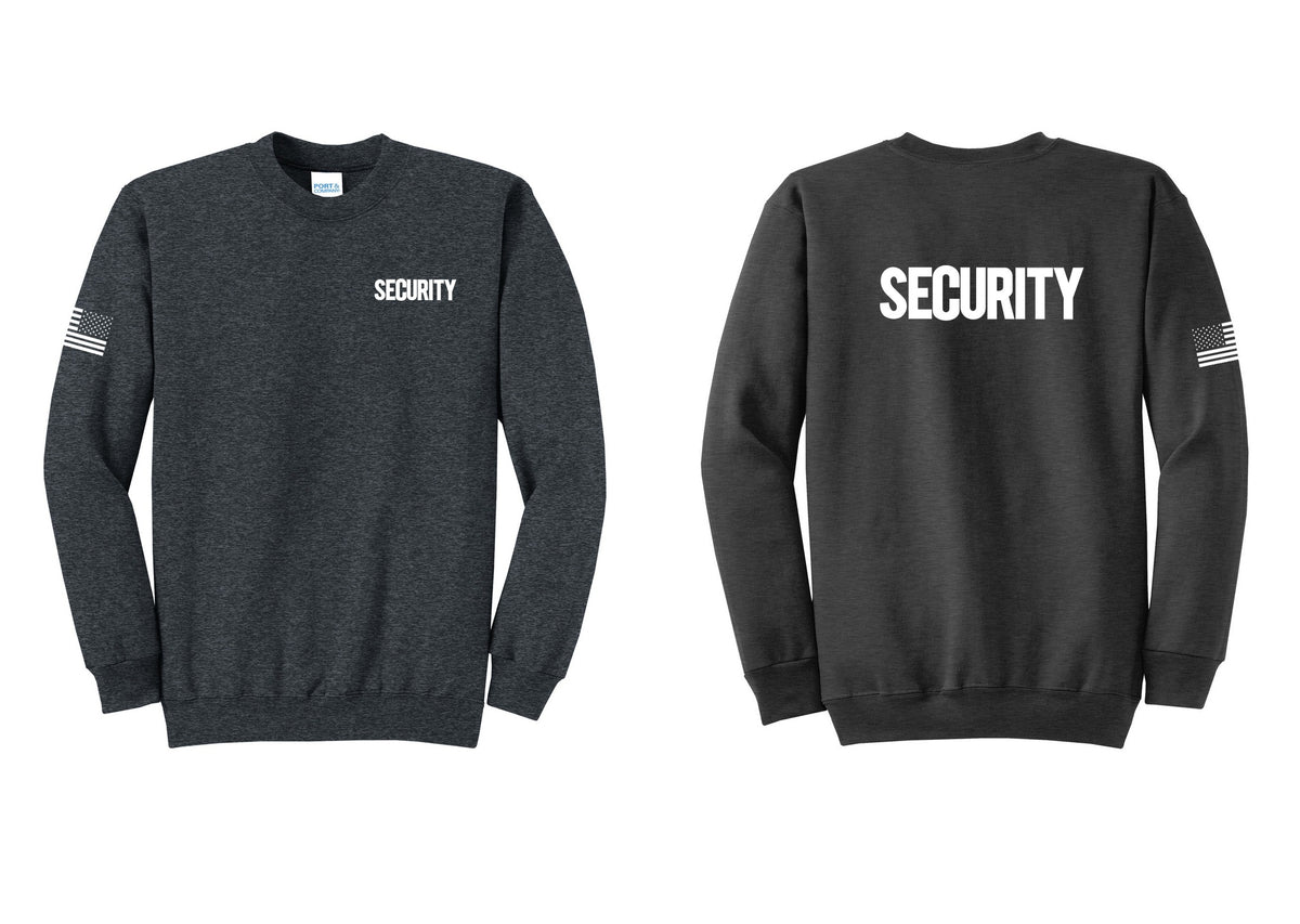NYC Factory Men's Security Cotton Fleece Crewneck Sweatshirt - Chest + Back + US Flag Sleeve - Dark Heather Grey