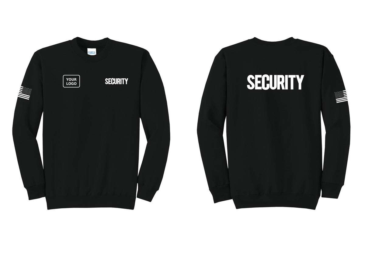 NYC Factory Men's Custom Logo Security Cotton Fleece Crewneck Sweatshirt - SECURITY + Your Logo + Back + US Flag Sleeve - Black