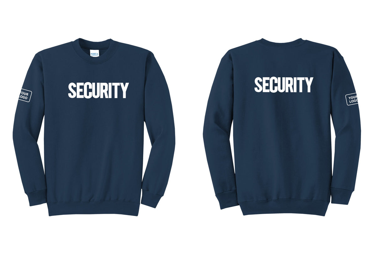 NYC Factory Men's Custom Logo Security Cotton Fleece Crewneck Sweatshirt - Front + Back + Your Logo Sleeve - Navy