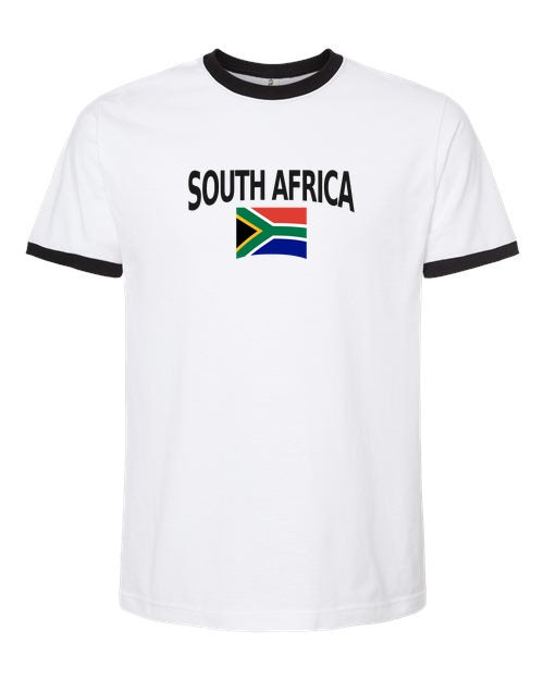 South Africa Soccer Ringer Tee 2026 — Classic Name & Flag | NYC Factory - White/Black