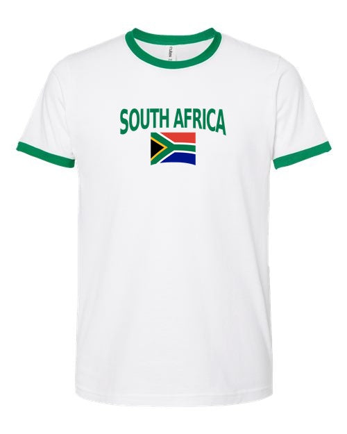 South Africa Soccer Ringer Tee 2026 — Classic Name & Flag | NYC Factory - white_green