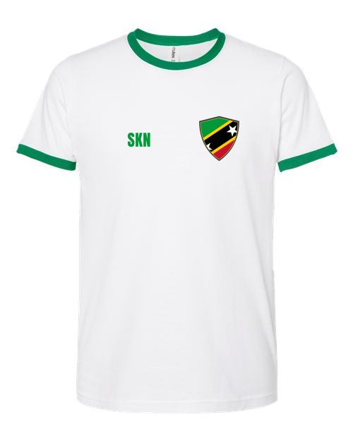 Saint Kitts And Nevis Soccer Ringer Tee — Retro National Crest | NYC Factory