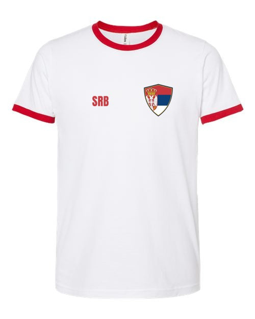 Serbia Soccer Ringer Tee — Retro National Crest | NYC Factory