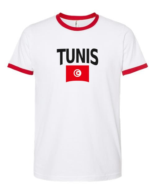 Tunisia Soccer Ringer Tee 2026 — Classic Name & Flag | NYC Factory - white_red