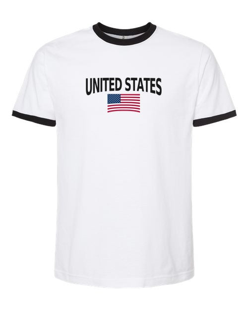 United States Soccer Ringer Tee 2026 — Classic Name & Flag | NYC Factory - White/Black