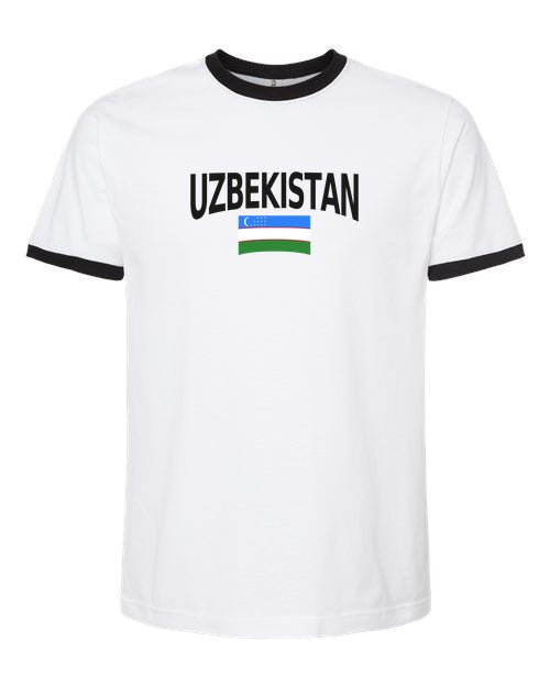 Uzbekistan Soccer Ringer Tee 2026 — Classic Name & Flag | NYC Factory - White/Black
