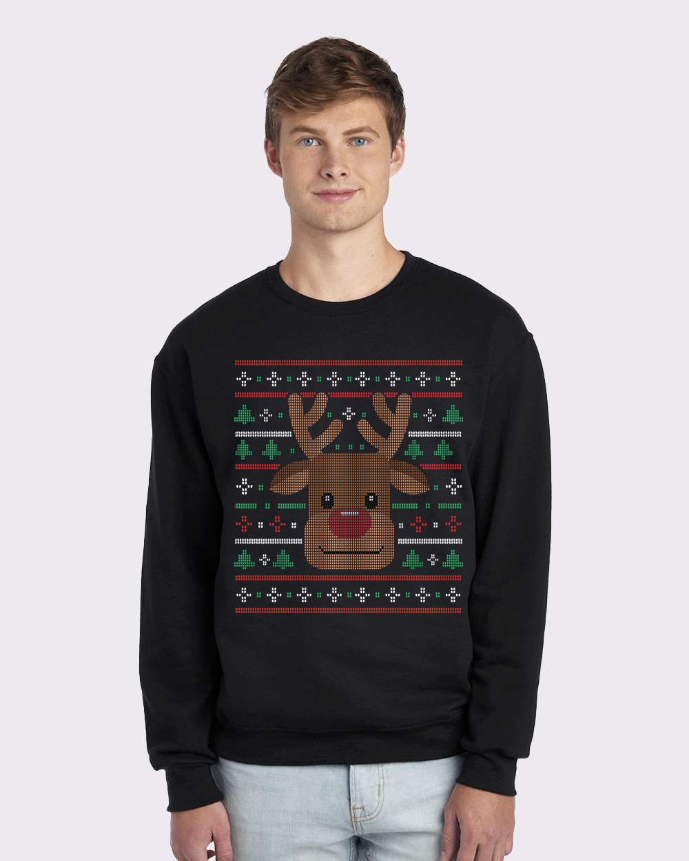 Ugly Xmas Reindeer Design Custom Crewneck Sweatshirt Black