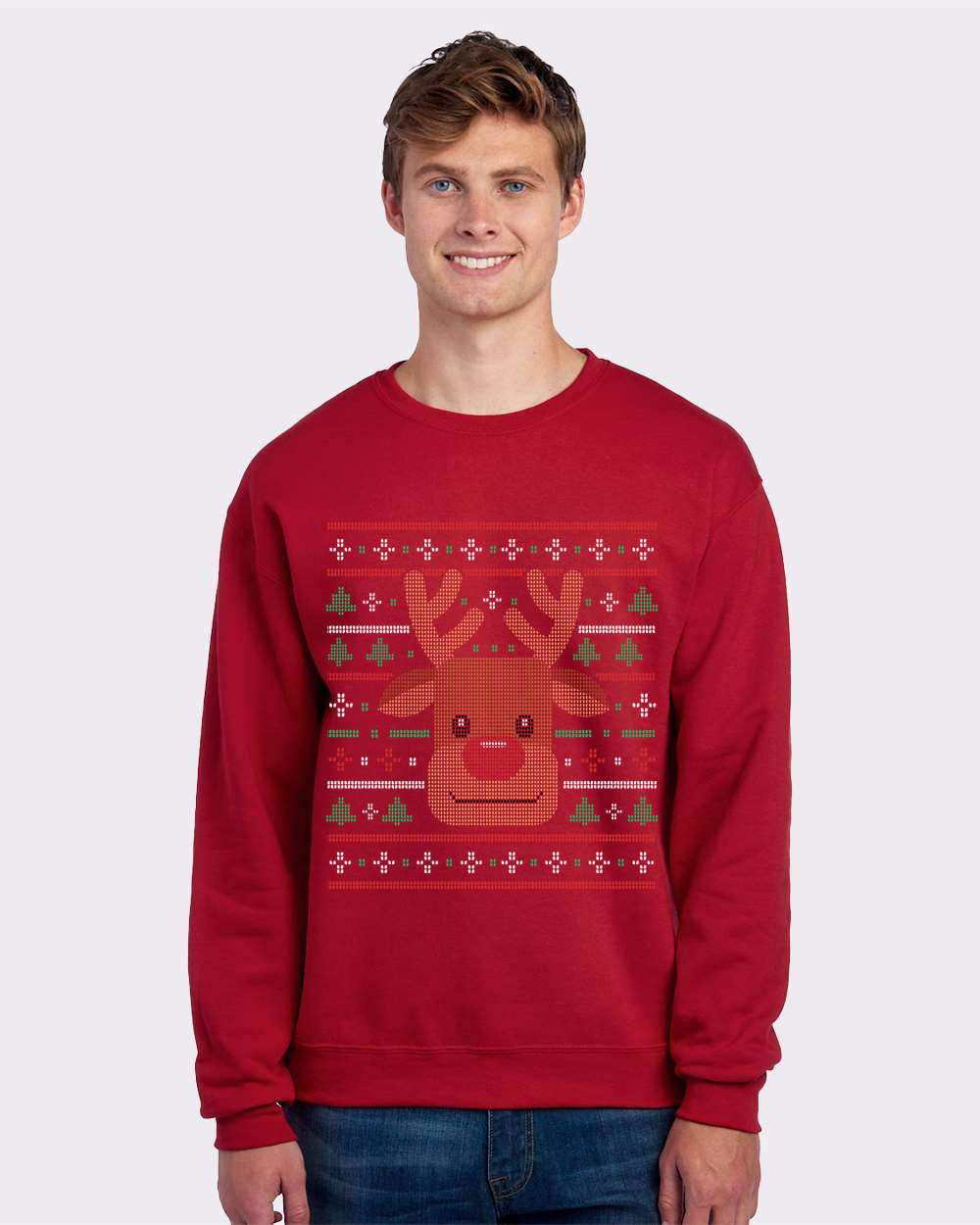 Ugly Xmas Reindeer Design Custom Crewneck Sweatshirt Red