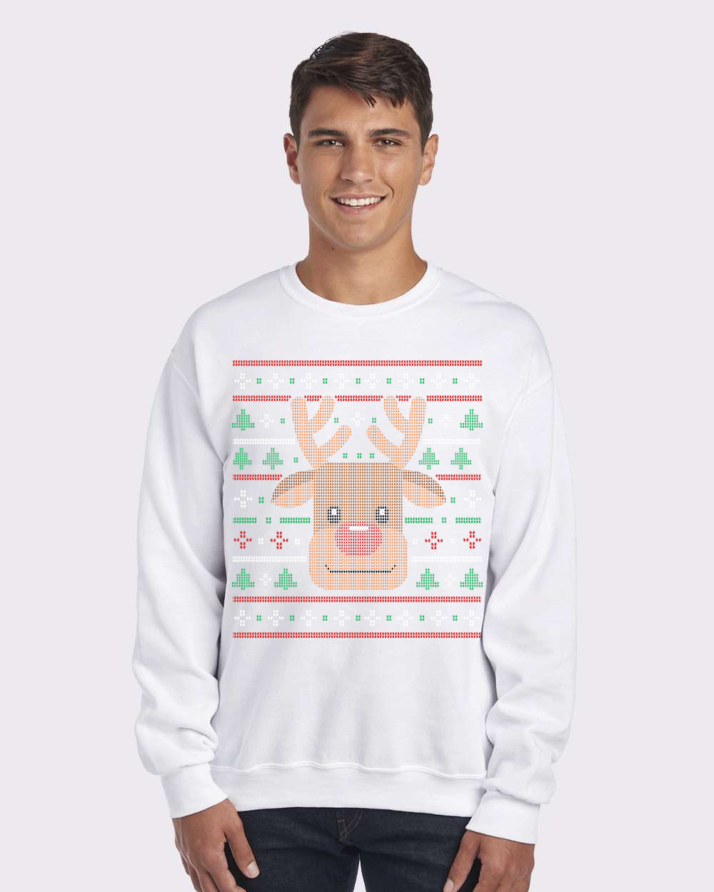 Ugly Xmas Reindeer Design Custom Crewneck Sweatshirt White