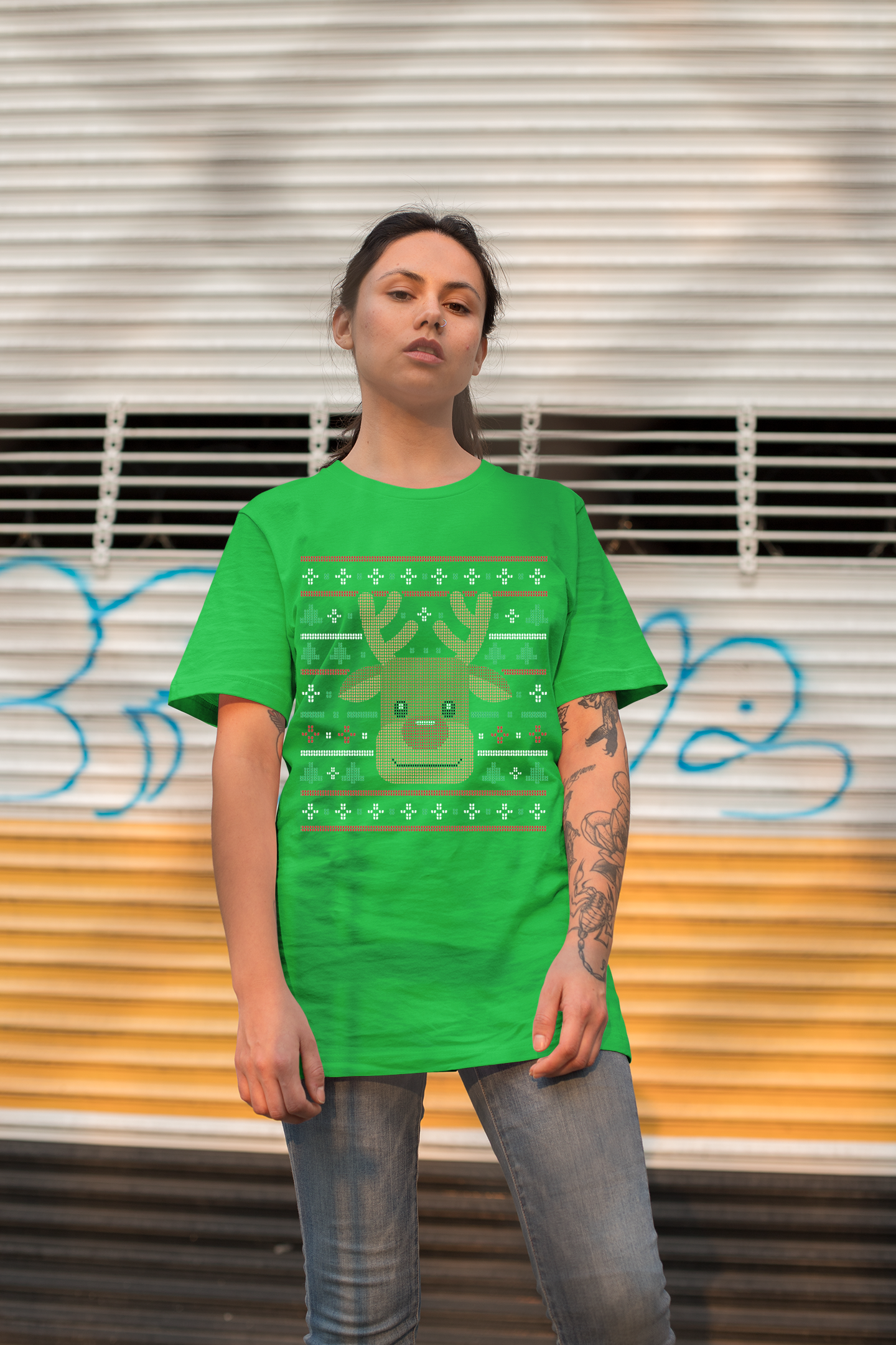 Ugly Xmas Reindeer Design Custom T-Shirt Heather Green