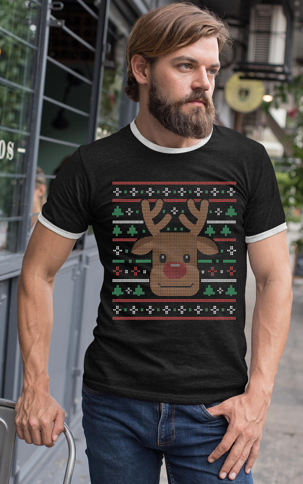 Ugly Xmas Reindeer Design Mens Ringer T-Shirt Tee