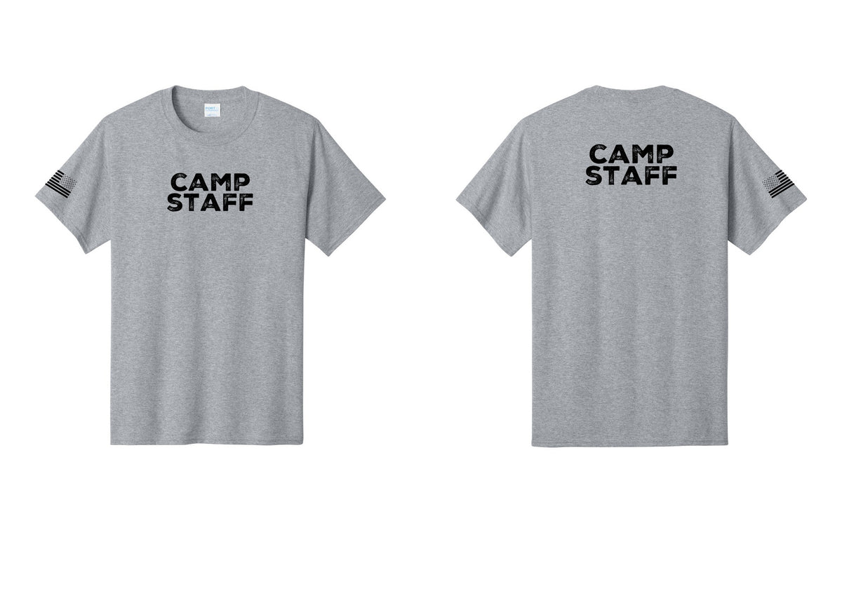 NYC Factory Unisex Camp Staff Charcoal T-Shirt - Front + Back + US Flag Sleeve - Athletic Heather
