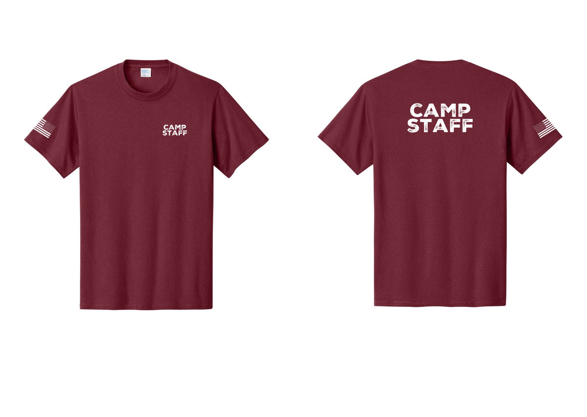 NYC Factory Camp Staff T-Shirt - Chest + Back + US Flag Sleeve - Cardinal