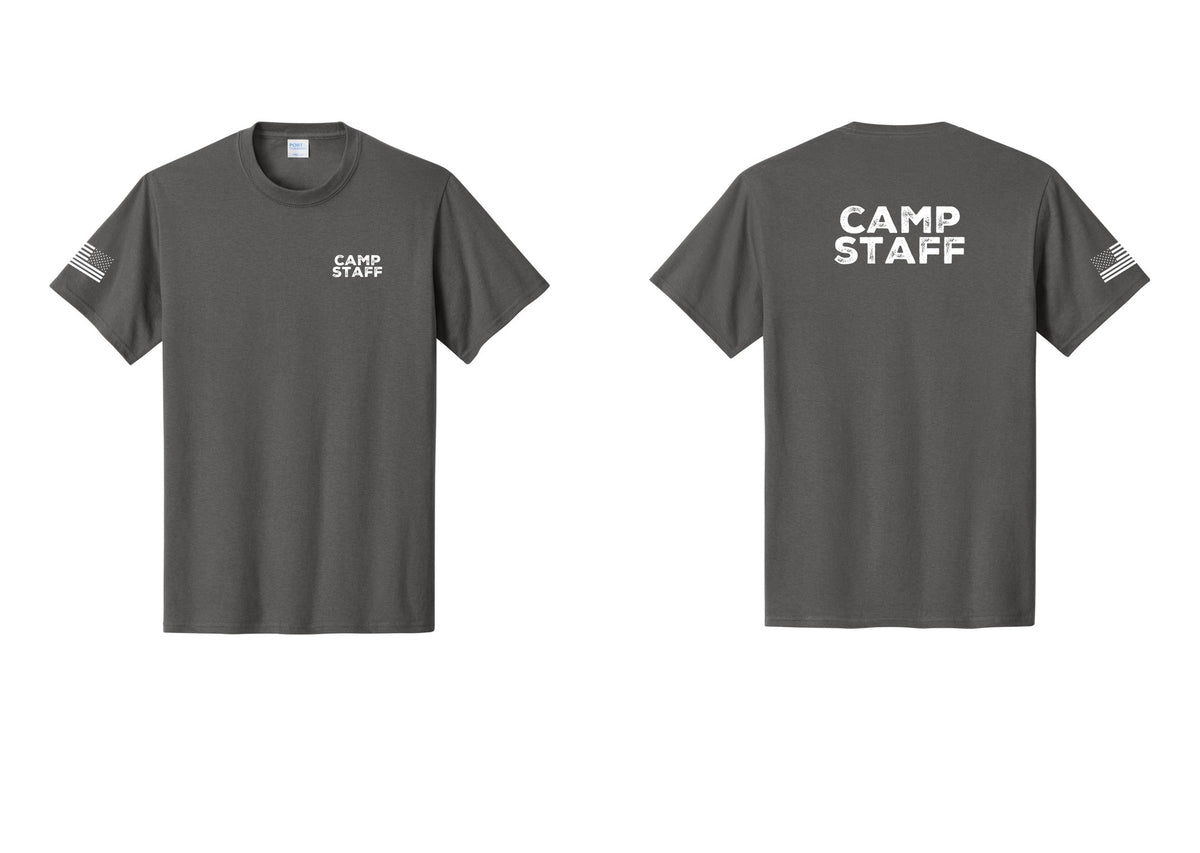NYC Factory Unisex Camp Staff Charcoal T-Shirt - Chest + Back + US Flag Sleeve - Charcoal