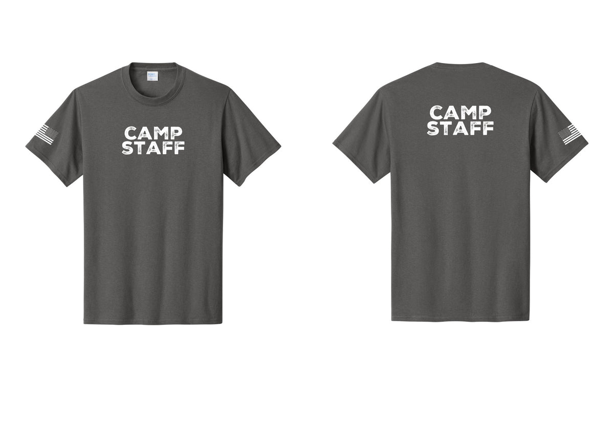 NYC Factory Unisex Camp Staff Charcoal T-Shirt - Front + Back + US Flag Sleeve - Charcoal
