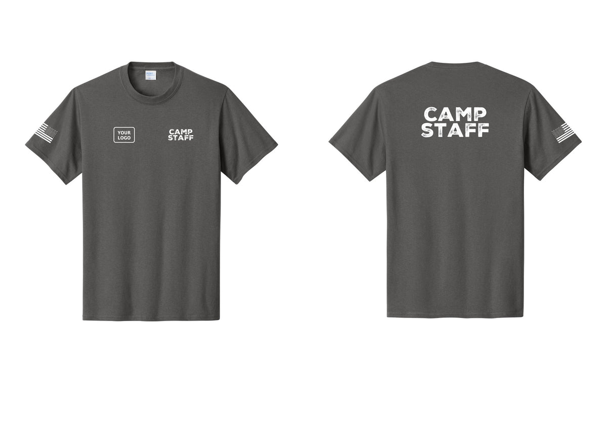 NYC Factory Custom Logo Camp Staff T-Shirt - CAMP STAFF + Your Logo + Back + US Flag Sleeve - Charcoal