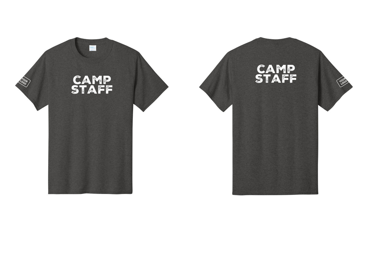 NYC Factory Custom Logo Camp Staff T-Shirt - Front + Back + Your Logo Sleeve - Dark Heather Grey
