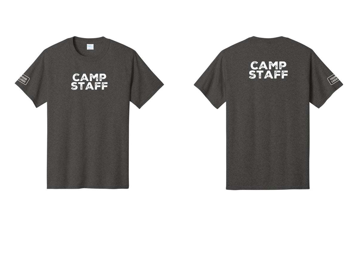 NYC Factory Unisex Custom Logo Camp Staff T-Shirt - Front + Back + Your Logo Sleeve - Dark Heather Grey