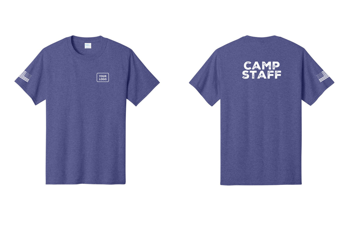 NYC Factory Custom Logo Camp Staff T-Shirt - Your Logo + Back + US Flag Sleeve - Heather Purple