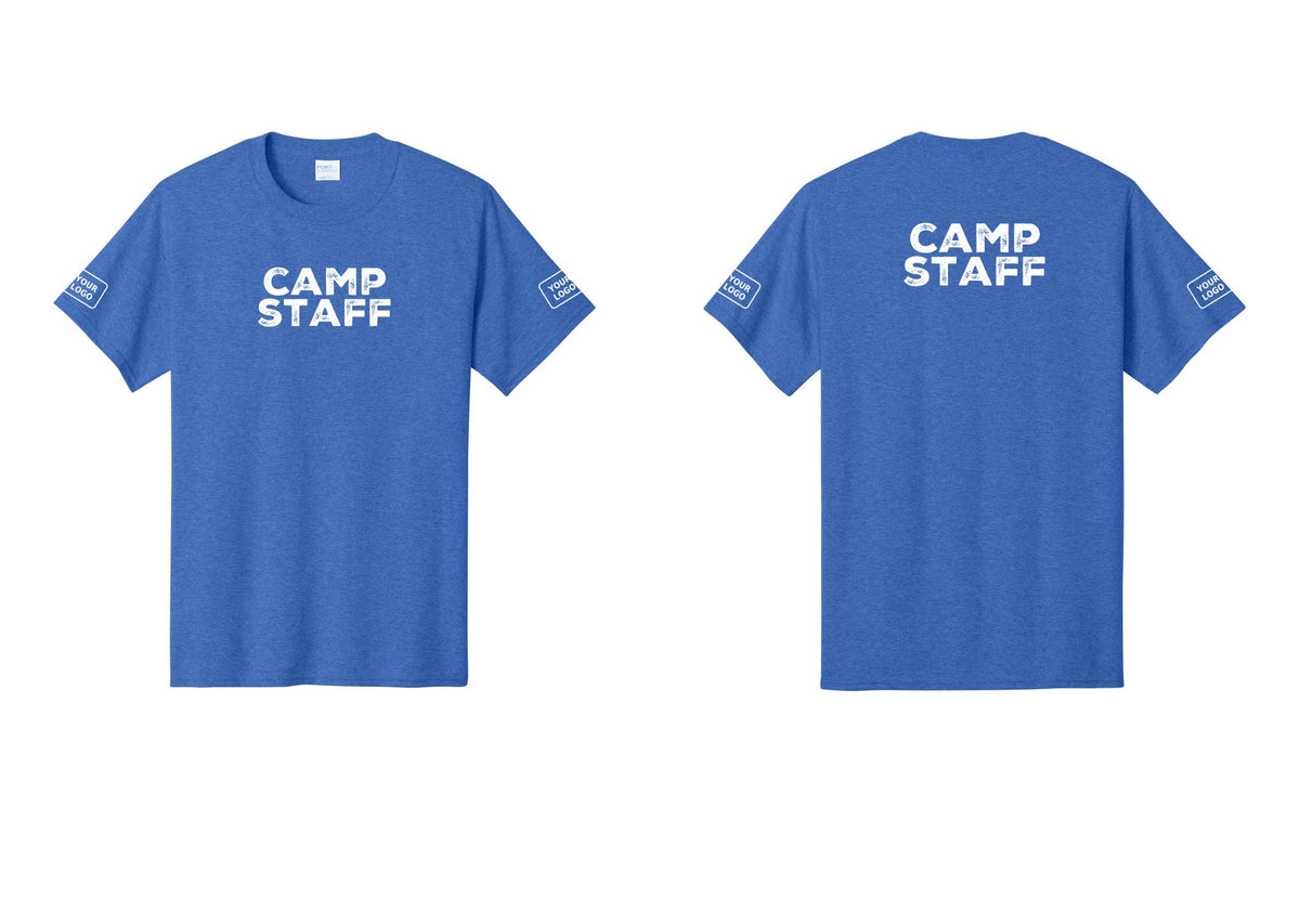 NYC Factory Unisex Custom Logo Camp Staff T-Shirt - Front + Back + Your Logo Sleeves - Heather Royal