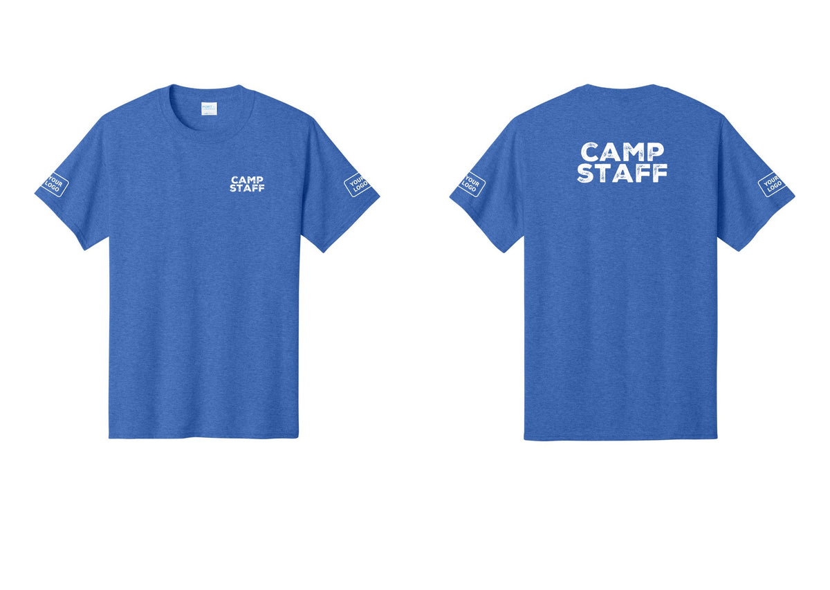 NYC Factory Unisex Custom Logo Camp Staff T-Shirt - Chest + Back + Your Logo Sleeves - Heather Royal