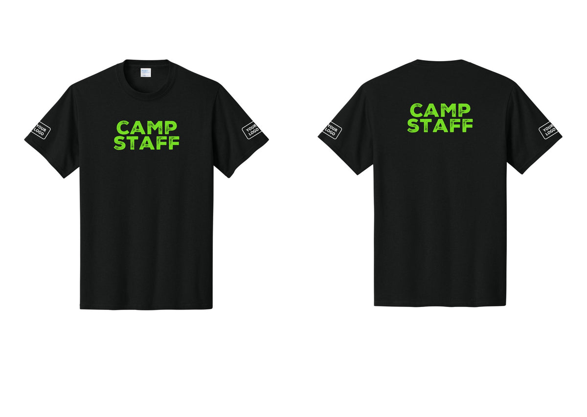 NYC Factory Custom Logo Camp Staff T-Shirt - Front + Back + Your Logo Sleeves - Black / Neon