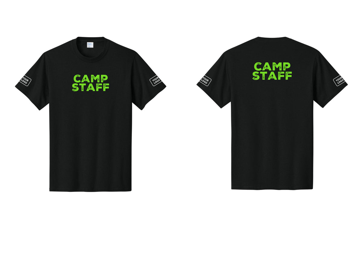 NYC Factory Unisex Custom Logo Camp Staff T-Shirt - Front + Back + Your Logo Sleeves - Black / Neon
