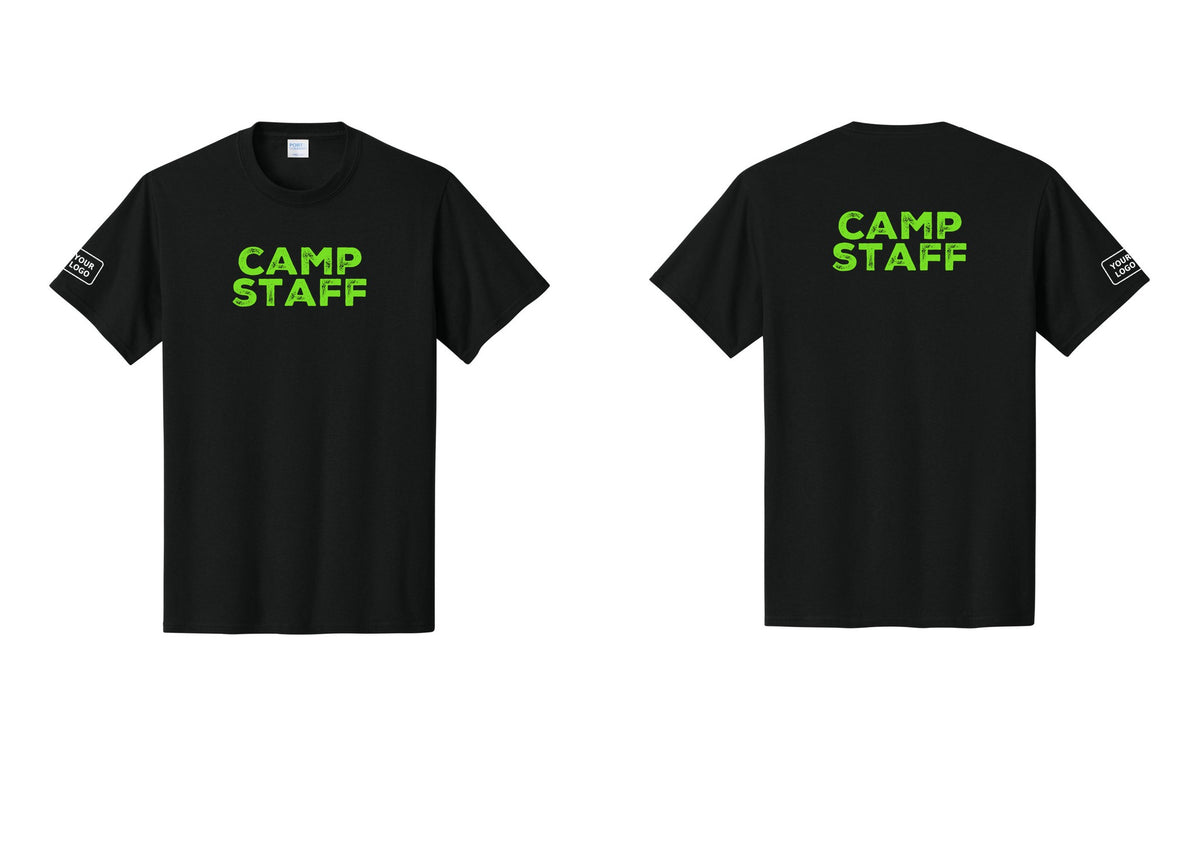 NYC Factory Custom Logo Camp Staff T-Shirt - Front + Back + Your Logo Sleeve - Black / Neon