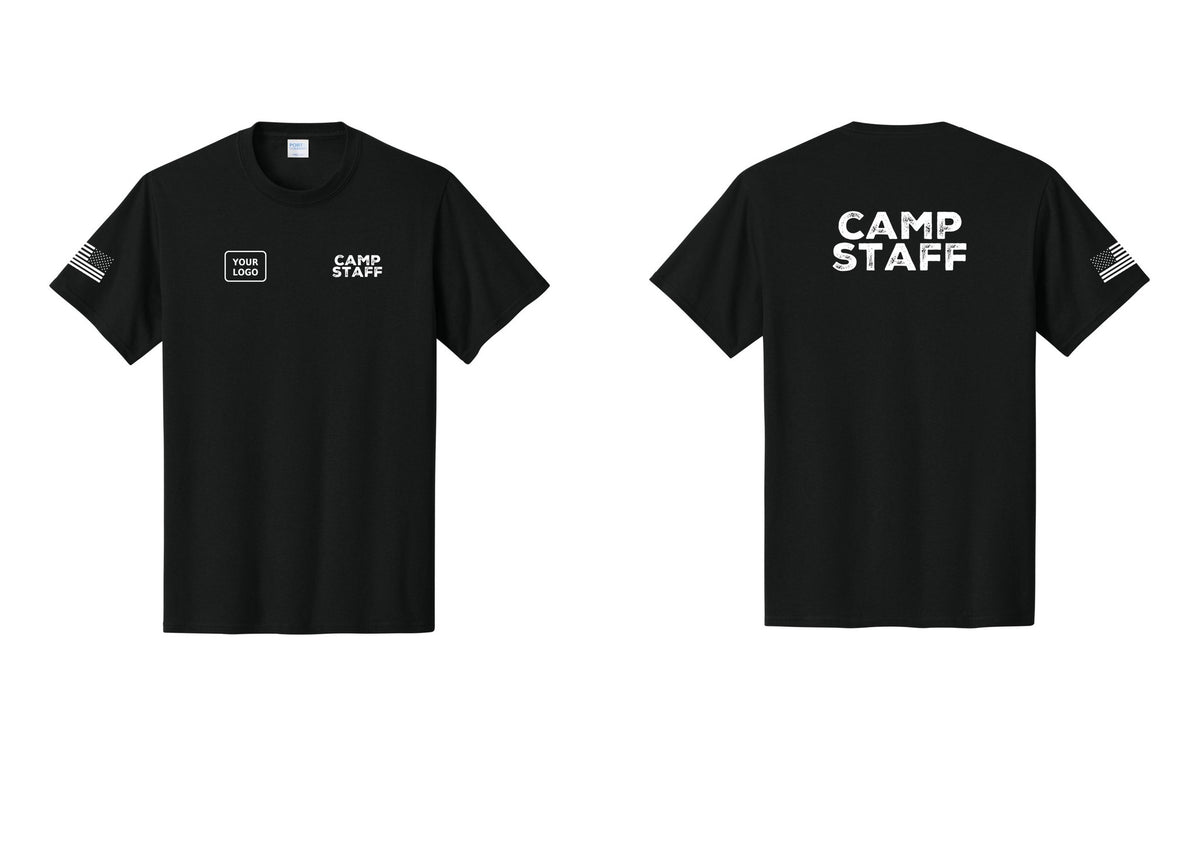 NYC Factory Custom Logo Camp Staff T-Shirt - CAMP STAFF + Your Logo + Back + US Flag Sleeve - Black
