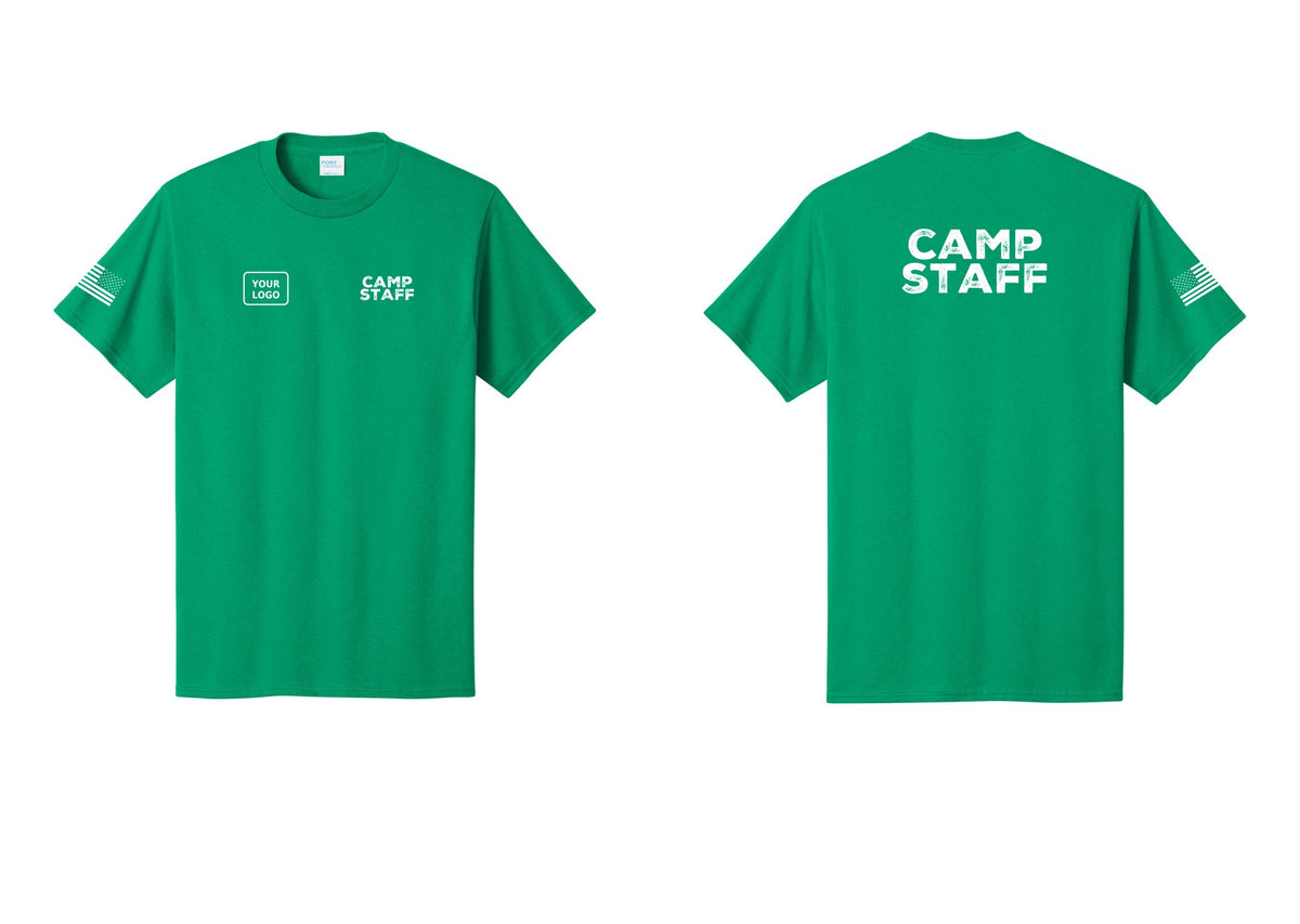 NYC Factory Custom Logo Camp Staff T-Shirt - CAMP STAFF + Your Logo + Back + US Flag Sleeve - Kelly