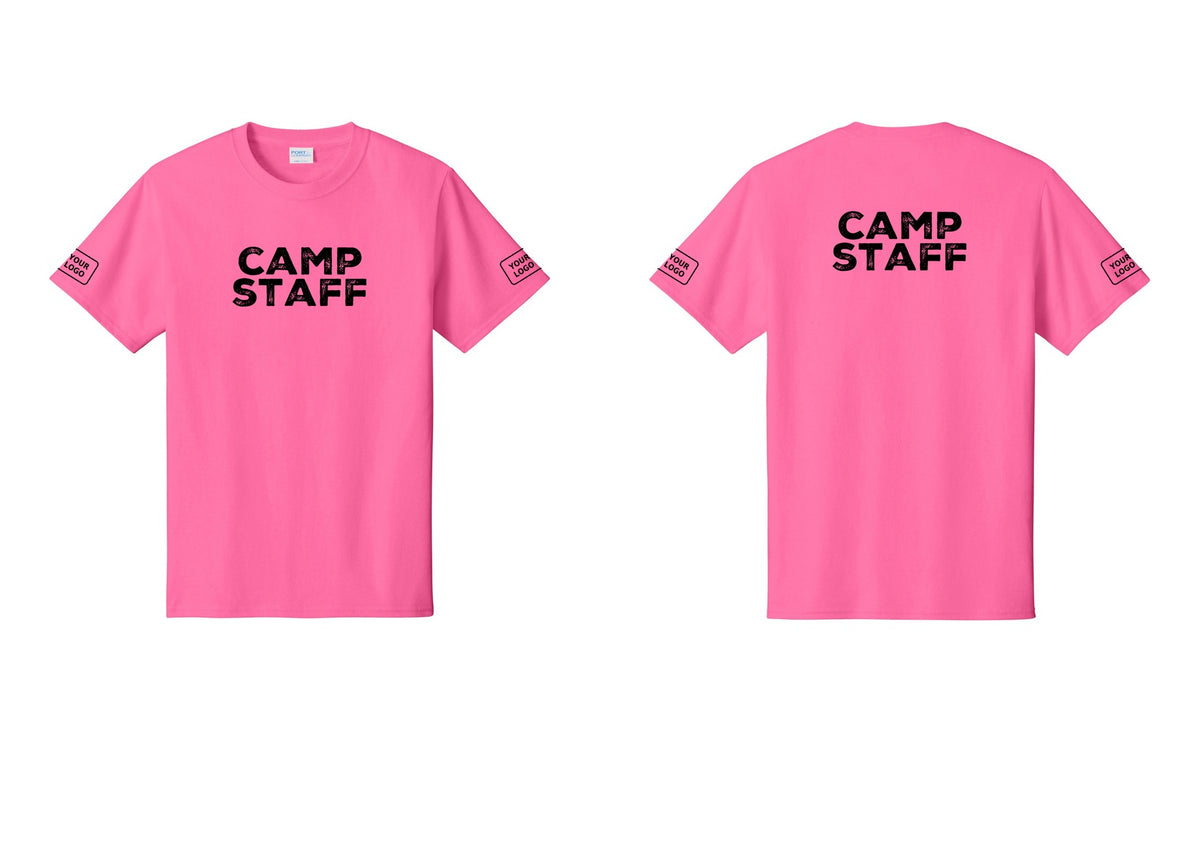 NYC Factory Custom Logo Camp Staff T-Shirt - Front + Back + Your Logo Sleeves - Neon Pink