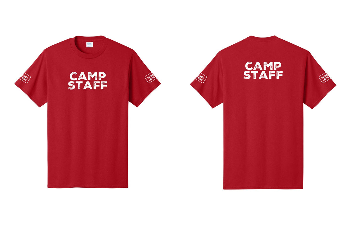 NYC Factory Custom Logo Camp Staff T-Shirt - Front + Back + Your Logo Sleeves - Red