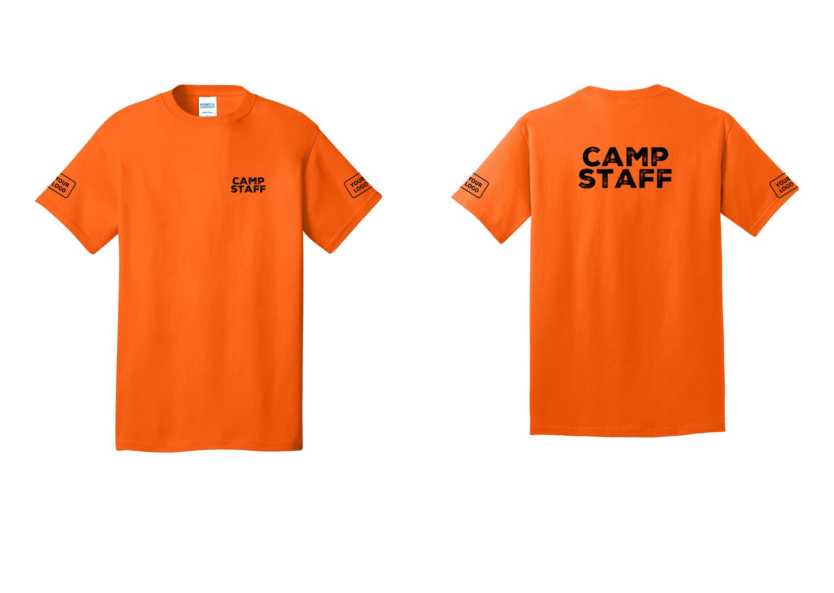 NYC Factory Custom Logo Camp Staff T-Shirt - Chest + Back + Your Logo Sleeves - Safety Orange