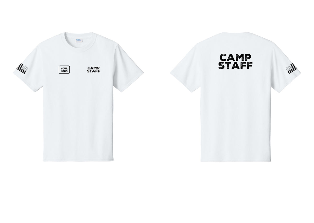 NYC Factory Unisex Custom Logo Camp Staff T-Shirt - CAMP STAFF + Your Logo + Back + US Flag Sleeve - White