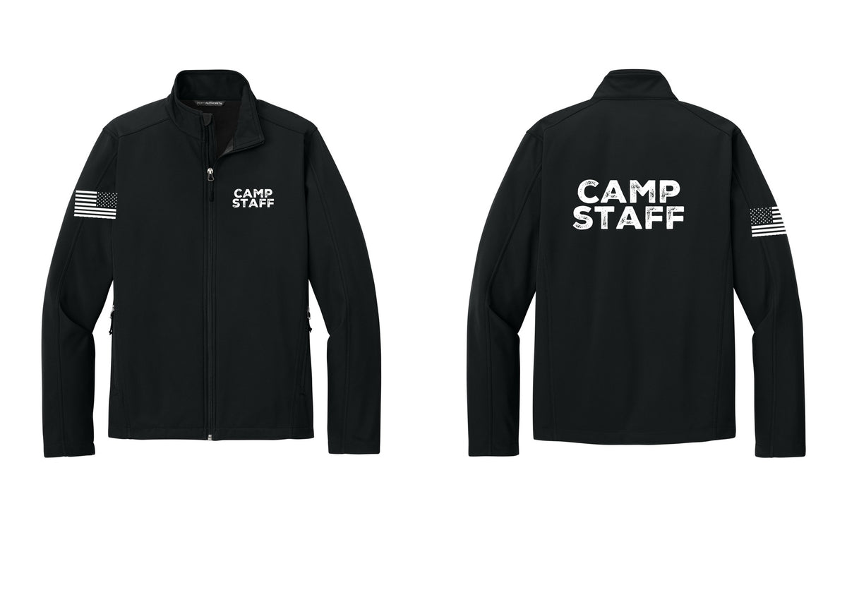 NYC Factory Camp Staff Soft Shell Jacket (Rustic) - Chest + Back + US Flag Sleeve - Black