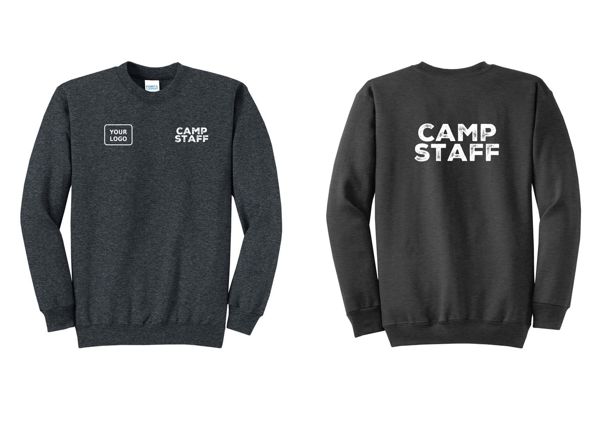 NYC Factory Custom Logo Camp Staff Cotton Fleece Crewneck Sweatshirt (Rustic) - CAMP STAFF + Your Logo + Back - Dark Heather Grey
