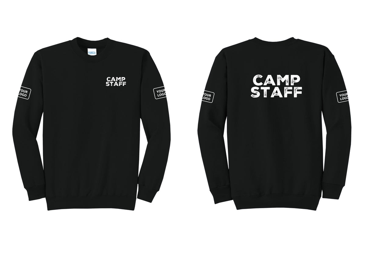 NYC Factory Custom Logo Camp Staff Cotton Fleece Crewneck Sweatshirt (Rustic) - Chest + Back + Your Logo Sleeves - Black
