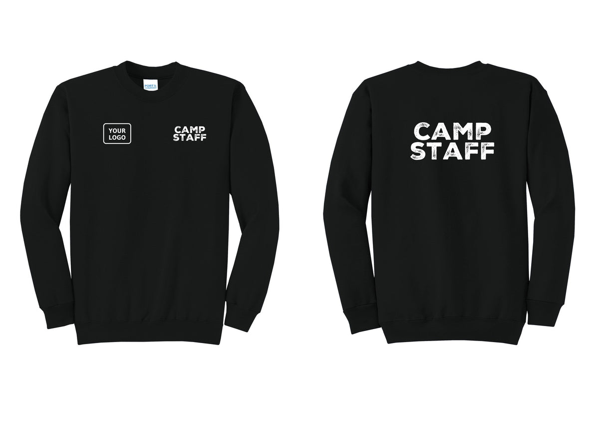 NYC Factory Custom Logo Camp Staff Cotton Fleece Crewneck Sweatshirt (Rustic) - CAMP STAFF + Your Logo + Back - Black