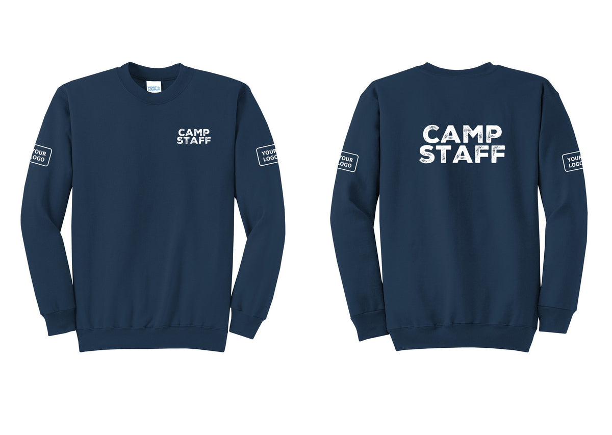 NYC Factory Custom Logo Camp Staff Cotton Fleece Crewneck Sweatshirt (Rustic) - Chest + Back + Your Logo Sleeves - Navy