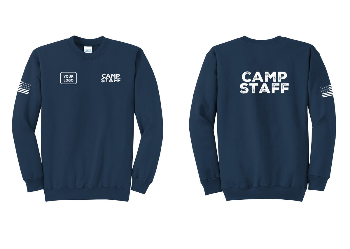 NYC Factory Custom Logo Camp Staff Cotton Fleece Crewneck Sweatshirt (Rustic) - CAMP STAFF + Your Logo + Back + US Flag Sleeve - Navy