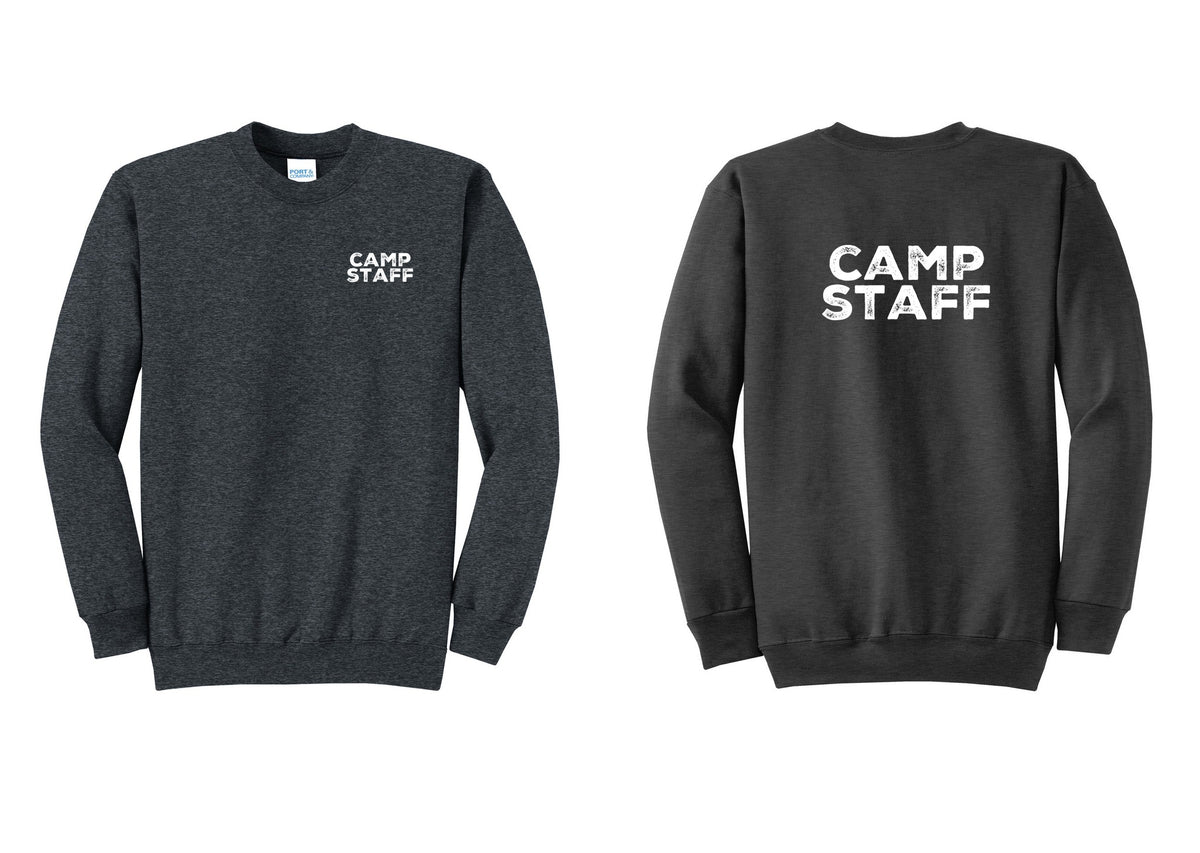 NYC Factory Camp Staff Cotton Fleece Crewneck Sweatshirt (Rustic) - Chest + Back - Dark Heather Grey
